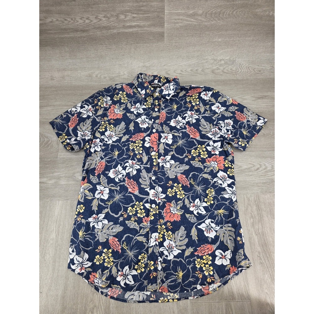 Express Men's Floral Hawaiian Shirt Button Up Short Sleeve Size L